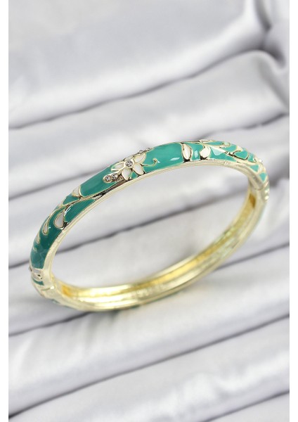 Mineli Pirinç Yeşil Çiçek Motifli Kadın Kelepçe