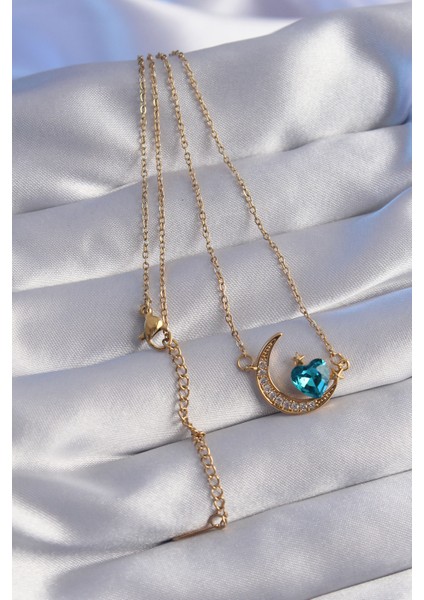 316L Çelik Zincir Gold Renk Mavi Zirkon Taşlı Ay Tasarımlı Kolye fiyatları