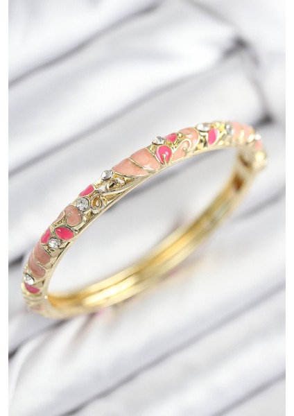 Mineli Pirinç Zirkon Taşlı Pembe Çiçek Motifli Gold Kadın Kelepçe