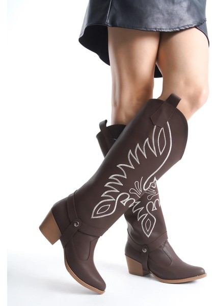 Jilla Kahverengi Cilt Tak Çıkar Topuklu Bot ve Çizme