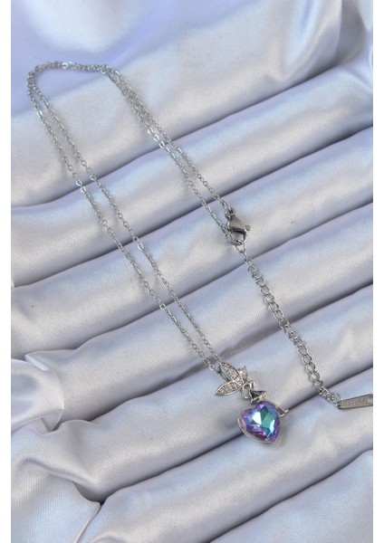 316L Çelik Zincir Gümüş Renk Mor Mavi Renk Zirkon Taşlı Kalp Detay Peri Kolye fiyatları
