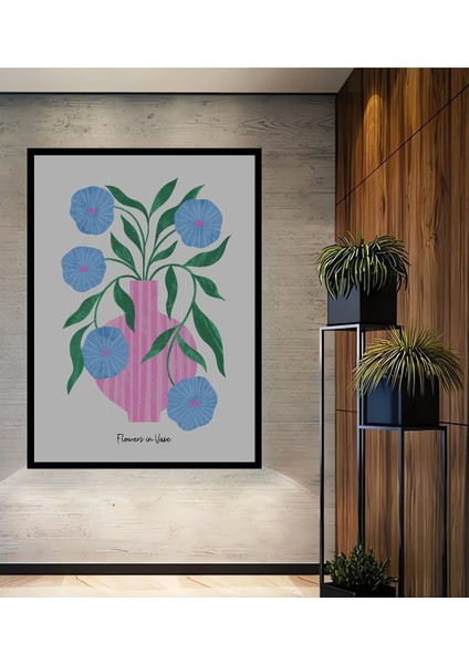 Çerçeve Görünümlü Mavi Çiçekli Dekoratif Ahşap Mdf Ev Duvar Tablo Dikdörtgen Ev Duvar Tablo