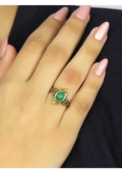 Doğal Taş Yeşil Akik Doğal Taşlı Antik Model Kadın Ayarlanabillir Yüzük EUY78YA fiyatları