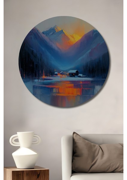 Dağ Evi Gün Batımı Dekoratif Ahşap Mdf Ev/işyeri Duvar Tablo Yuvarlak Ev/işyeri Duvar Tablo