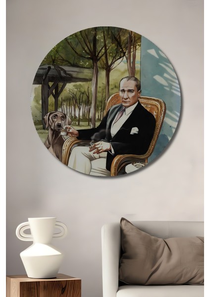 Atatürk Bahçede Ahşap Mdf Dekoratif Ev/işyeri Duvar Tablo Yuvarlak Ev/işyeri Duvar Tablo