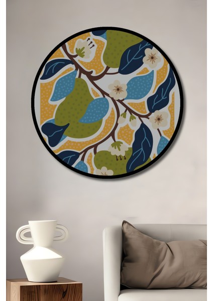 Çerçeve Görünümlü Armutlu Çiçekli Dekoratif Ahşap Mdf Ev Duvar Tablo Yuvarlak Ev Duvar Tablo