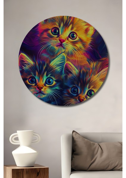 Renkli Kedi Aile Dekoratif Ahşap Mdf Ev/işyeri Duvar Tablo Yuvarlak Ev/işyeri Duvar Tablo