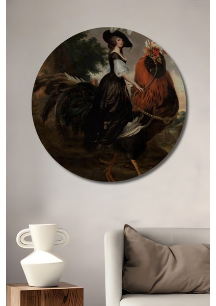 Büyüleyici Dekoratif Ahşap Mdf Tablo Tavuk ve Zarif Kadın Yuvarlak Tablo