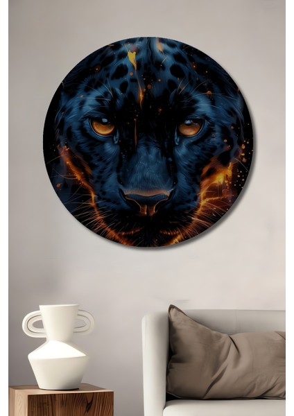 Ateşli Kara Panter Ahşap Mdf Dekoratif Ev/işyeri Duvar Tablo Yuvarlak Ev/işyeri Duvar Tablo