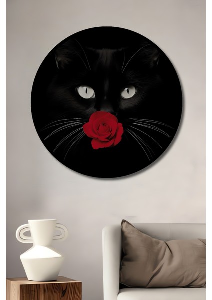 Çerçeve Görünümlü Kara Kedi Gül Dekoratif Ahşap Mdf Ev Duvar Tablo Yuvarlak Ev Duvar Tablo