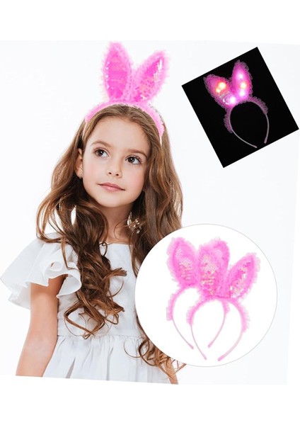 Kenarları Dantelli Fuşya Pullu Payetli LED Işıklı Tavşan Kulak Taç 23X19 cm