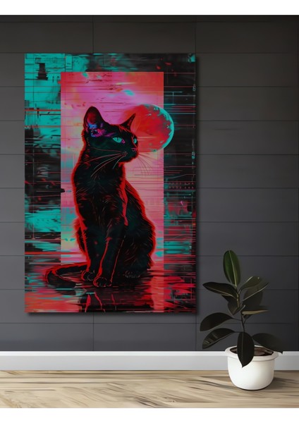 Neon Ayışığında Siyah Kedi Dekoratif Ahşap Mdf Tablo Dikdörtgen Tablo