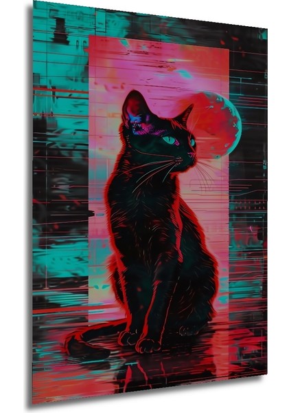 Neon Ayışığında Siyah Kedi Dekoratif Ahşap Mdf Tablo Dikdörtgen Tablo modelleri