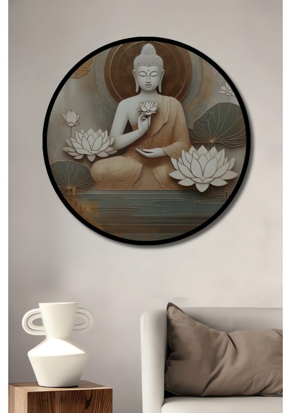 Çerçeve Görünümlü Buda Lotus Çiçeği Dekoratif Ahşap Mdf Ev Duvar Tablo Yuvarlak Ev Duvar Tablo