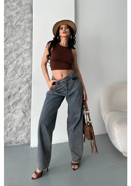 Baggy Kar Yıkama Eskitme Kahve Jeans Pantolon D2007