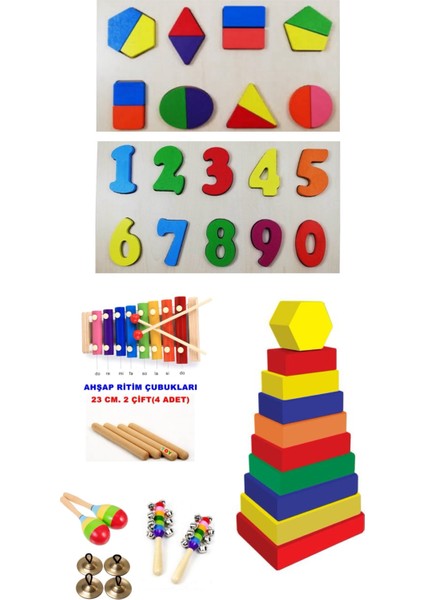 11 Li Montessori Eğitici Ahşap Kavram Oyuncakları Seti (Yapboz Müzik Ritim Renk Geometrik Şekil Eşleme Sıralama Sayı Rakam Tak Çıkar)