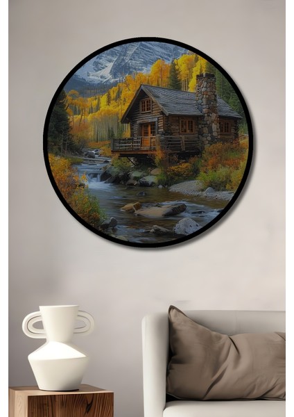 Çerçeve Görünümlü Dağ Evinde Sonbahar Manzarası Ahşap Mdf Dekoratif Tablo Yuvarlak Tablo