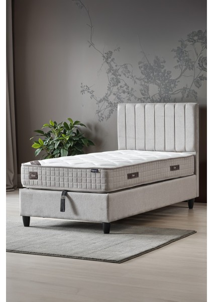 Manolya Serisi Tek Kişilik Sandıklı Baza ve Başlık + Full Ortopedik Paket Yaylı Yatak Takımı 3 lü Set