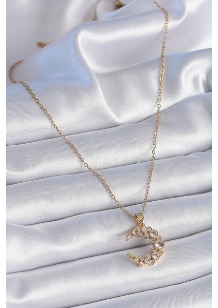 316L Çelik Zincir Gold Renk Zirkon Taşlı Hilal Model Kadın Kolye fiyatları