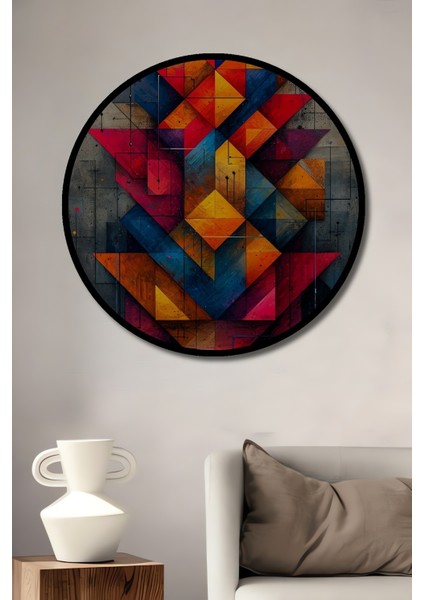 Çerçeve Görünümlü Soyut Geometrik Desen Dekoratif Ahşap Mdf Ev Duvar Tablo Yuvarlak Ev Duvar Tablo