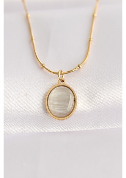 316L Çelik Zincir Altın Renk Gri Sedefli Oval Figürlü Kolye