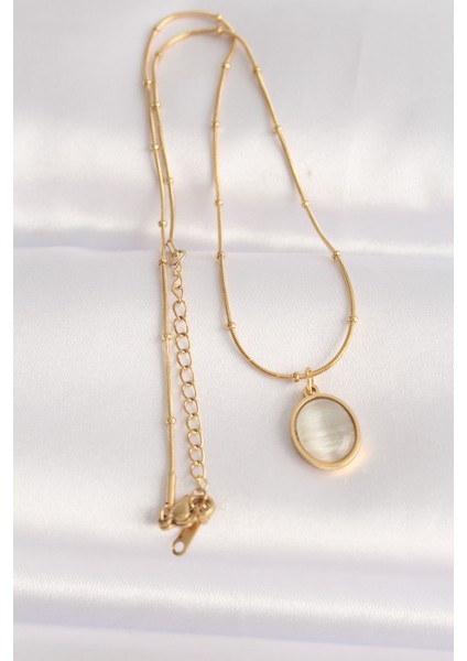 316L Çelik Zincir Altın Renk Gri Sedefli Oval Figürlü Kolye fiyatları