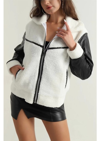 Deri Garnili Kuzu Peluş Mont Beyaz T1220 fiyatları