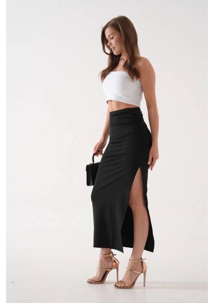 Uzun Yırtmaçlı Ince Kumaş Etek Siyah