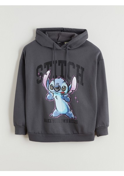 Yeni Sezon Stitch Baskılı Oversize Kadın Kalın Hoodie