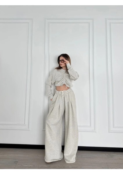 Uzun Kollu Önü Ip Büzgülü Crop ve Pantolon Ikili Takım fiyatları