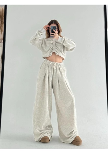 Uzun Kollu Önü Ip Büzgülü Crop ve Pantolon Ikili Takım modelleri