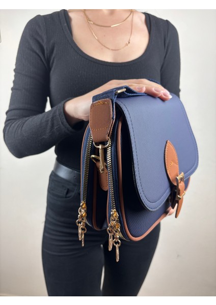 Kadın Kumaş Lacivert Tokalı Kapaklı Şık Mini Boy El ve Omuz Çantası fırsatları