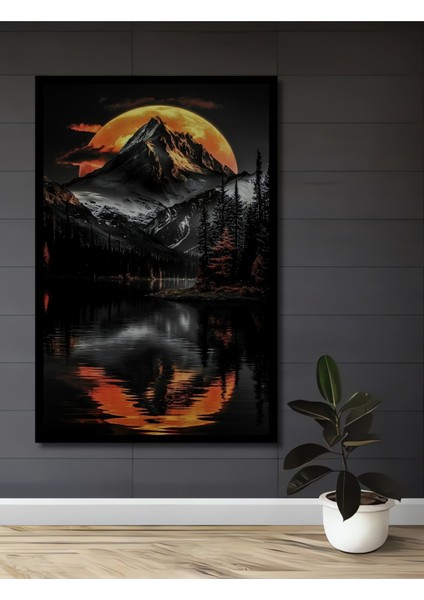 Çerçeve Görünümlü Ateşli Gün Batımı Dağ Manzarası Ahşap Mdf Dekoratif Tablo Dikdörtgen Tablo