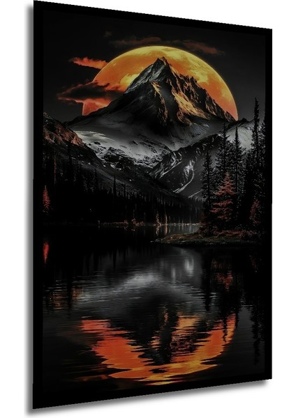 Çerçeve Görünümlü Ateşli Gün Batımı Dağ Manzarası Ahşap Mdf Dekoratif Tablo Dikdörtgen Tablo modelleri