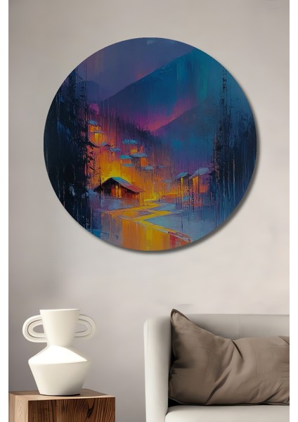 Büyülü Dağ Köyü Ahşap Mdf Dekoratif Ev/işyeri Duvar Tablo Yuvarlak Ev/işyeri Duvar Tablo