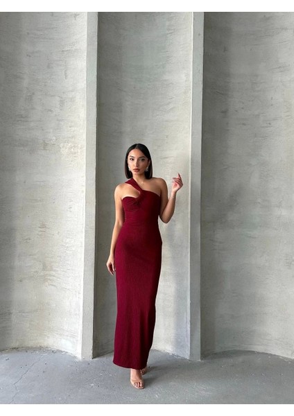 Krinkıl Tek Omuz Uzun Elbise Bordo S25455 indirimleri