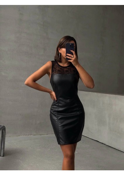 Üstü Dantelli Straplez Deri Elbise Siyah W24421 indirimleri