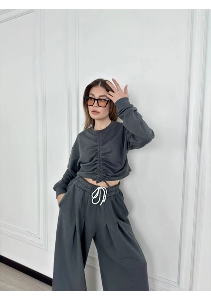 Uzun Kollu Önü Ip Büzgülü Crop ve Pantolon Ikili Takım fiyatları