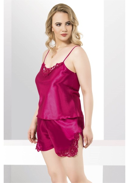 Büyük Beden Vişne Saten Babydoll Şort Takımı