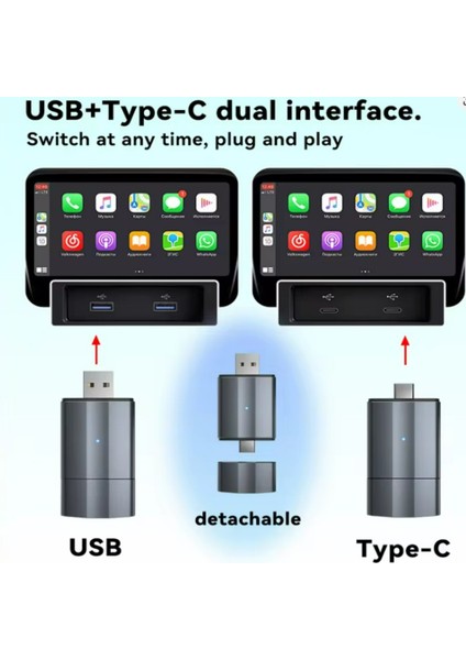 Carplay Type-C/usb Kablosuz Android Otomatik Akıllı Dongle 2'si 1 Arada Adaptör 5.8ghz Wifi fırsatları