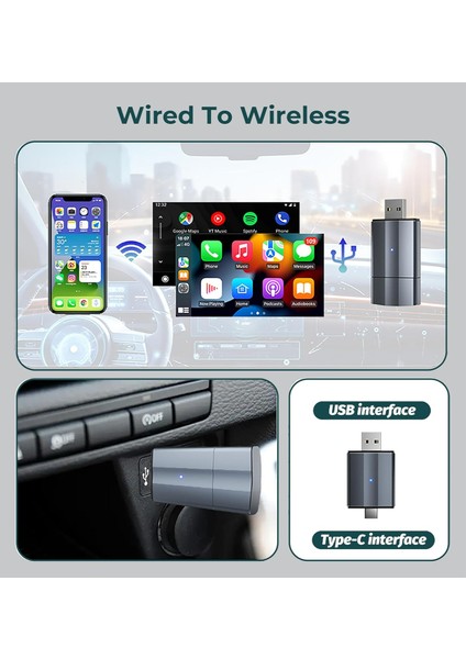 Carplay Type-C/usb Kablosuz Android Otomatik Akıllı Dongle 2'si 1 Arada Adaptör 5.8ghz Wifi indirimleri