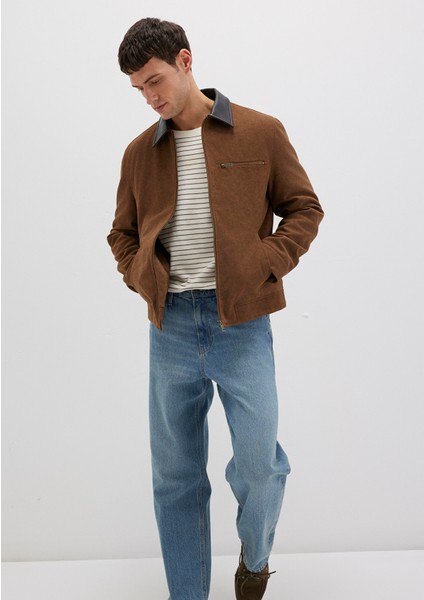 Yaka Detaylı Kahverengi Suni Süet Ceket 0110638-70378 fırsatları