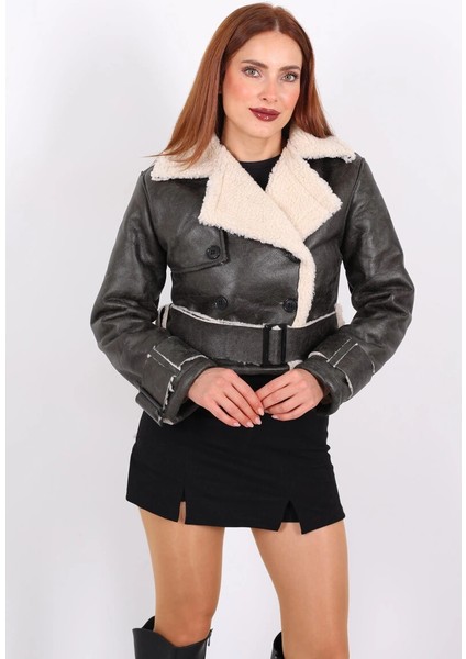 Kürklü Suni Deri Kemerli Haki Kadın Kısa Mont T1256 fiyatları