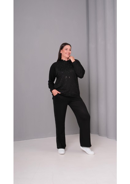 Kadın Büyük Beden Sho Kumaş Taş Detay Kapüşonlu Eşofman Takımı