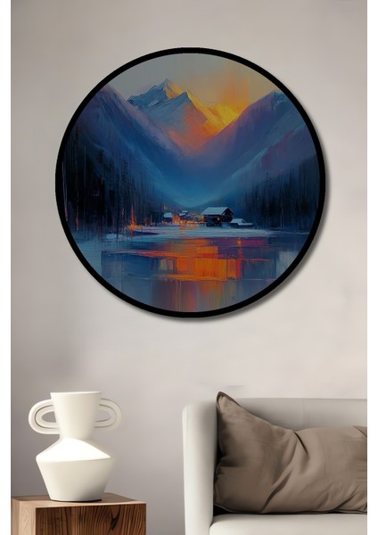 Çerçeve Görünümlü Dağ Evi Gün Batımı Dekoratif Ahşap Mdf Ev Duvar Tablo Yuvarlak Ev Duvar Tablo