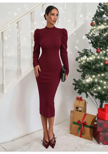 Prenses Kol Kaşkorse Elbise Bordo A3691
