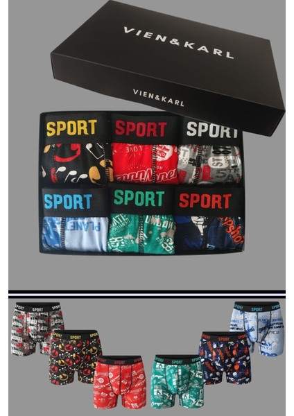 Erkek Desenli 6’lı Premium Penye Kutu Pamuklu Likralı Boxer