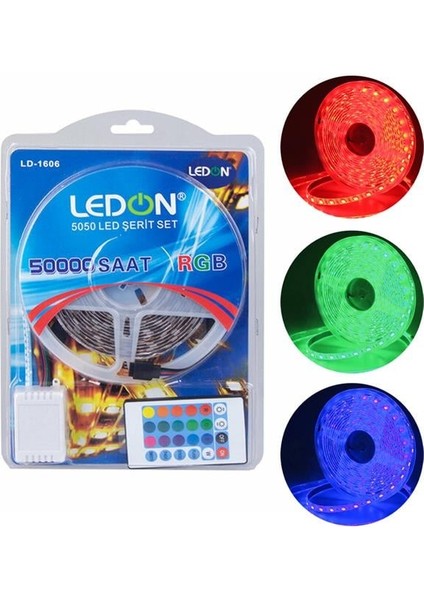 Ledon Ld-1606 Su Geçirmez 5 Metre Rgb Şerit Led Animasyon Devreli Adaptörlü Set 5050 3 Çipli Silikonlu