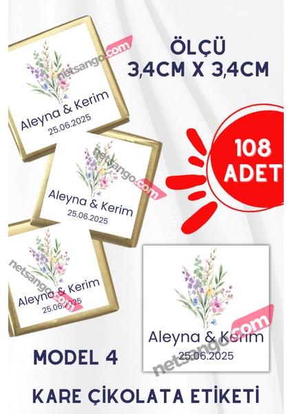 108 Adet Kare Madlen Çikolata Etiketi Isme Özel Söz / Nişan / Nikah Model: 1-2-3-4 modelleri
