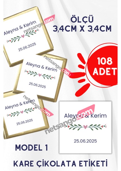 108 Adet Kare Madlen Çikolata Etiketi Isme Özel Söz / Nişan / Nikah Model: 1-2-3-4 fırsatları